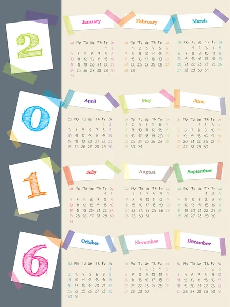 Cool calendar with color tapes for 2016 — Stock Vector