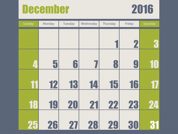 Azul verde colorido 2016 calendário de dezembro — Vetor de Stock