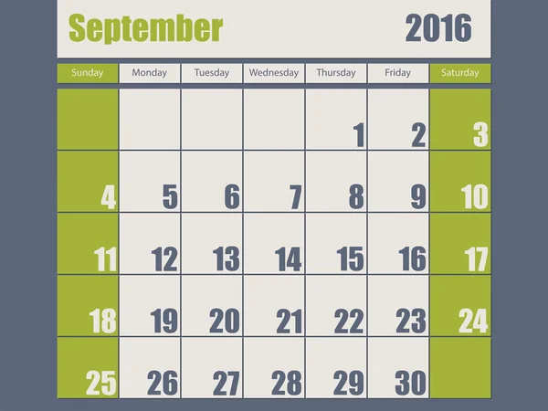 Blue green colored 2016 september calendar — Stock Vector