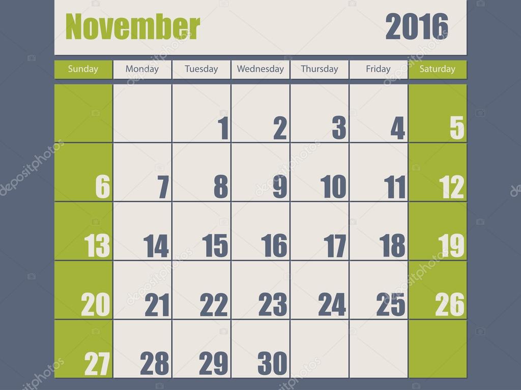 Blue green colored 2016 november calendar