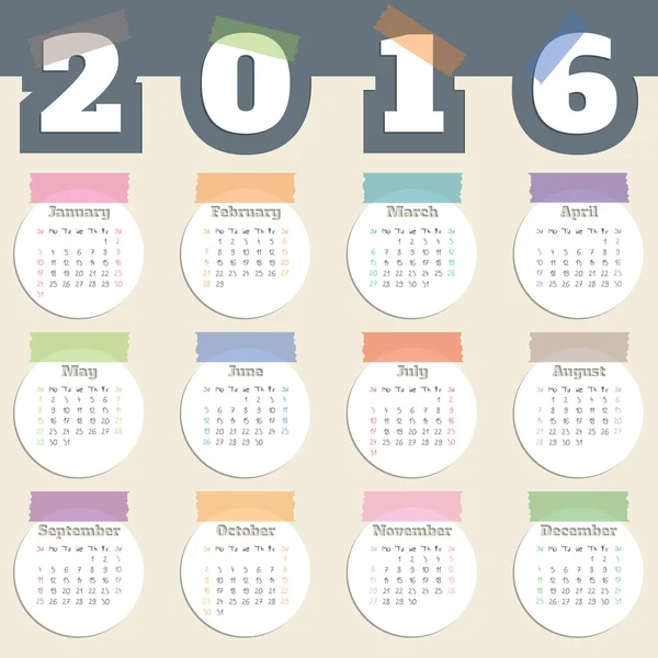 Cool kalender met kleur tapes en witte rondjes voor jaar 2016 — Stockvector