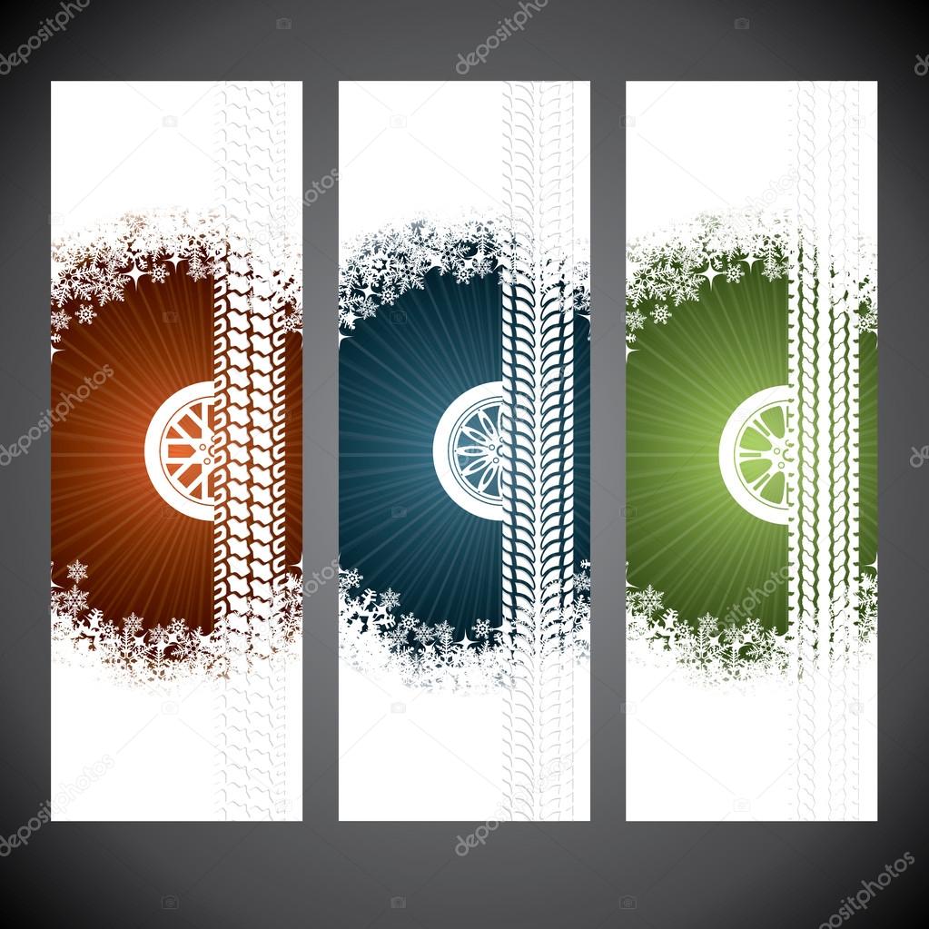 Winter tire advertising label set of three with snowflakes