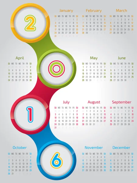 Nový kalendář 2016 s lesklou kruhy — Stockový vektor