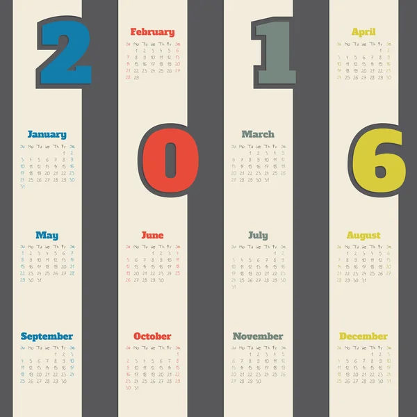 Calendario fresco con números coloridos para 2016 — Vector de stock