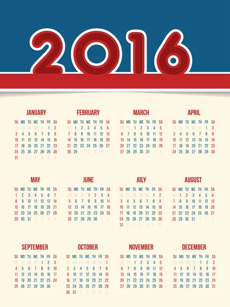 Stile piatto 2016 disegno del calendario — Vettoriale Stock