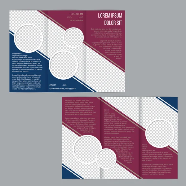 Tri-fold flyer brochure template with maroon and blue stripes — Stock Vector