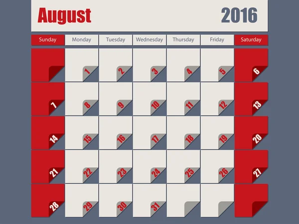Gray Red colored 2016 august calendar — Stock Vector