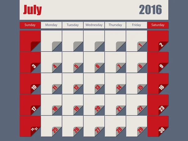 Gray Red colored 2016 july calendar — Stock Vector