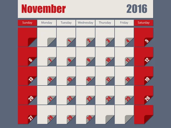 Grijs rood gekleurde 2016 november kalender — Stockvector