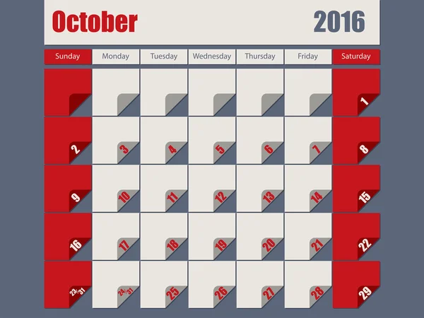 Grigio Rosso 2016 ottobre calendario — Vettoriale Stock