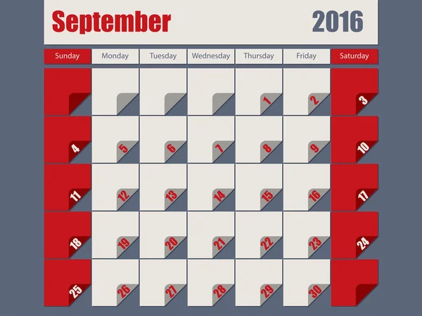 Grigio Rosso 2016 settembre calendario — Vettoriale Stock