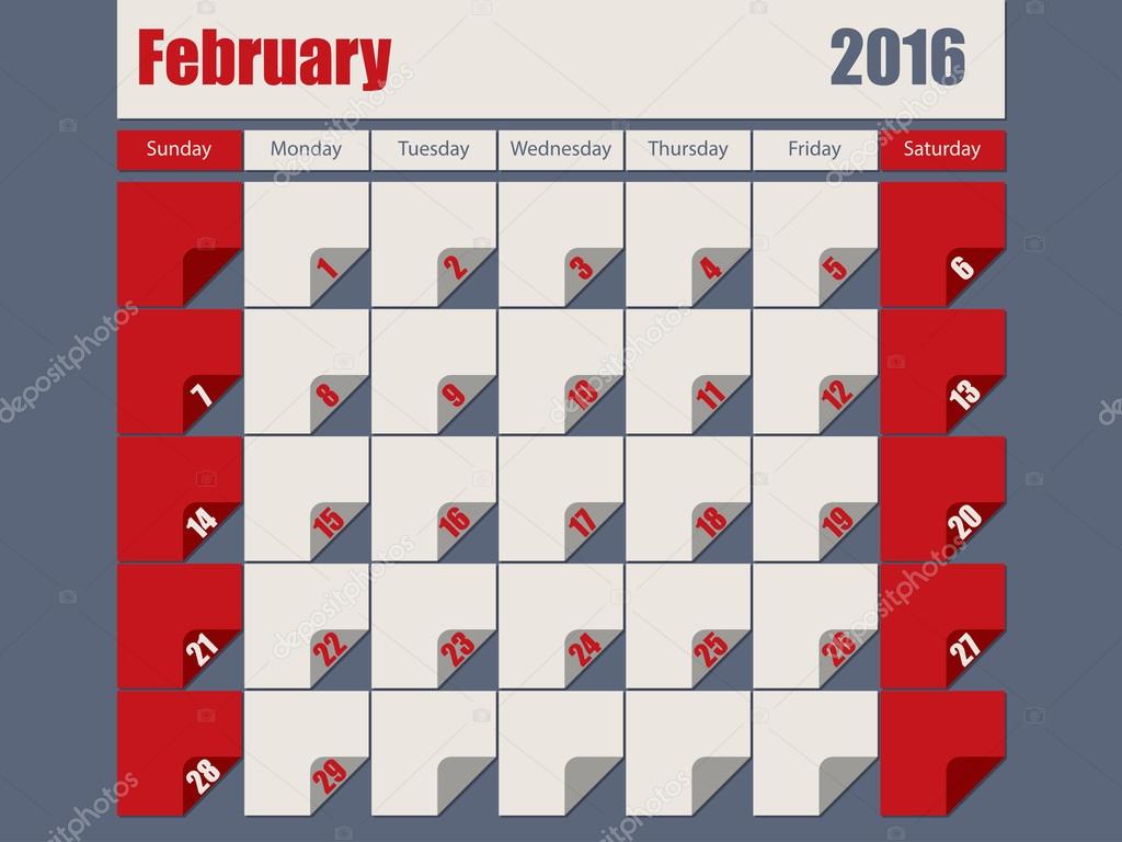 Gray Red colored 2016 february calendar