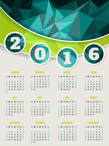 Plantilla de calendario colorido 2016 con fondo de triángulo — Vector de stock