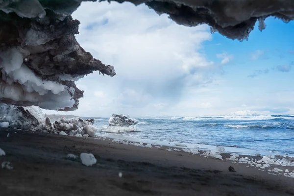 Prachtige Winter Zonnige Landschap Van Stille Oceaan Kustlijn Uitzicht Onder — Stockfoto