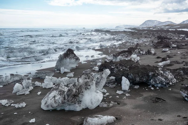 Beautiful Winter Sunny Landscape Pacific Ocean Coast Black Volcanic Sand — Stock Photo, Image