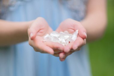 Kız, soluk mavi elbisesinin arka planında çiçek açan bir elma ağacının yapraklarını tutuyor..