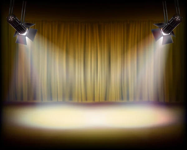 El escenario con cortina dorada. Ilustración vectorial . — Vector de stock