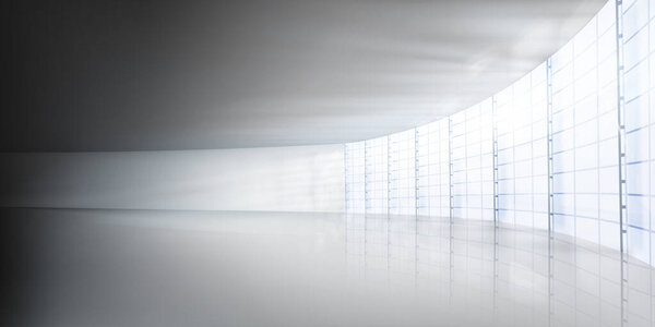 Hall with a large window in a high-rise building. Empty modern office room. Vector illustration.