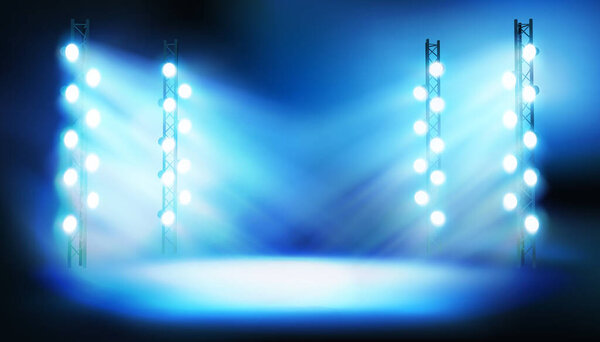 Escenario Del Estadio Iluminado Por Reflectores Durante Espectáculo Proyectores Sobre — Vector de stock