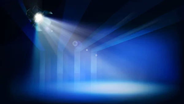 ショー中に劇場のスポットライトに照らされたステージ 展覧会の場所 青の背景 ベクターイラスト — ストックベクタ