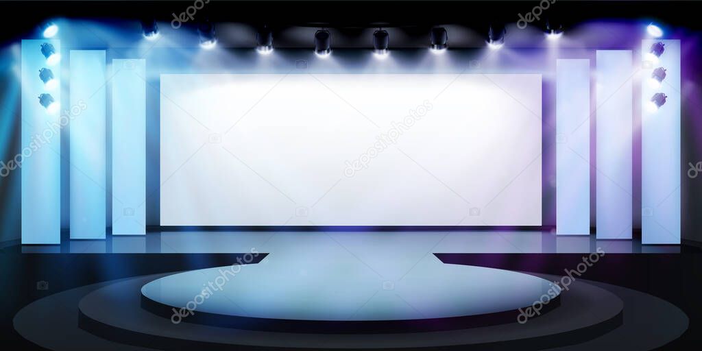 Projection screen on the stage. Free space for advertising. Exhibition in art gallery. Vector illustration.