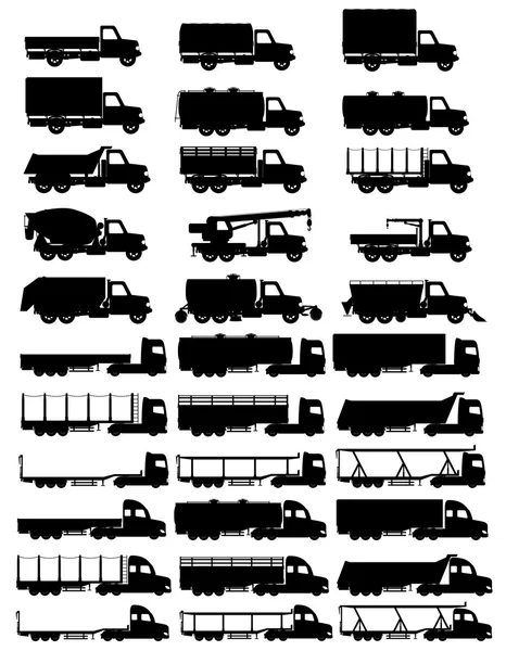 Set Ikonen LKW Sattelanhänger schwarze Silhouette Vektor Illustrati — Stockvektor