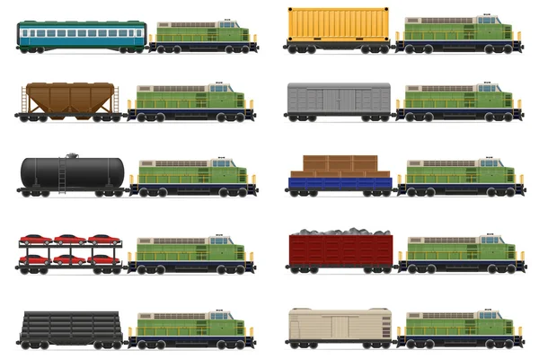 Ställ in ikoner railway tåg med lok och vagnar vektor illust — Stock vektor