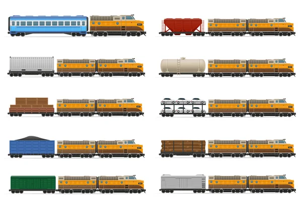 Ensemble icônes train ferroviaire avec locomotive et wagons vecteur illust — Image vectorielle