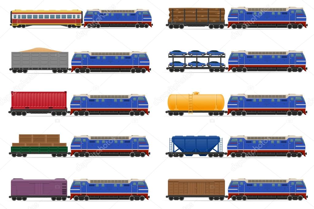 set icons railway train with locomotive and wagons vector illust