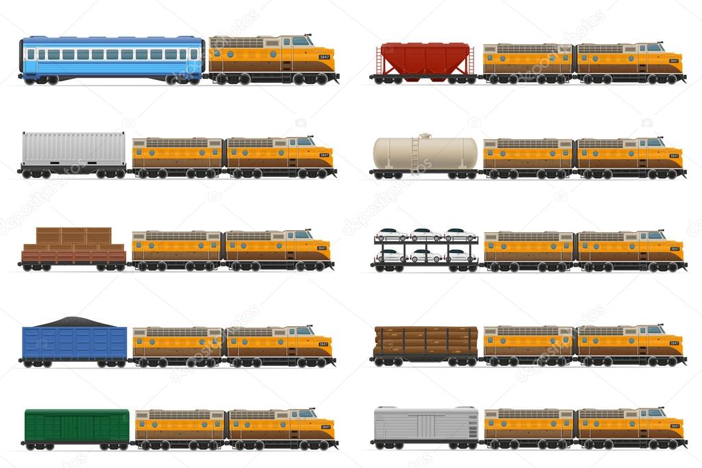 set icons railway train with locomotive and wagons vector illust
