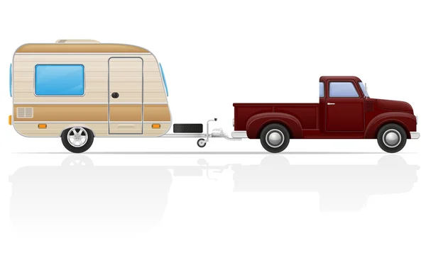 Vieja camioneta retro coche con ilustración de vector de remolque — Vector de stock