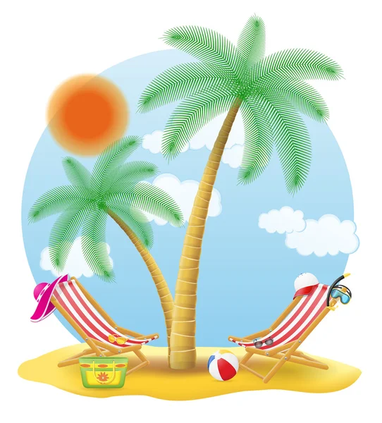 Strandstoelen staan onder een palm tree vectorillustratie — Stockvector