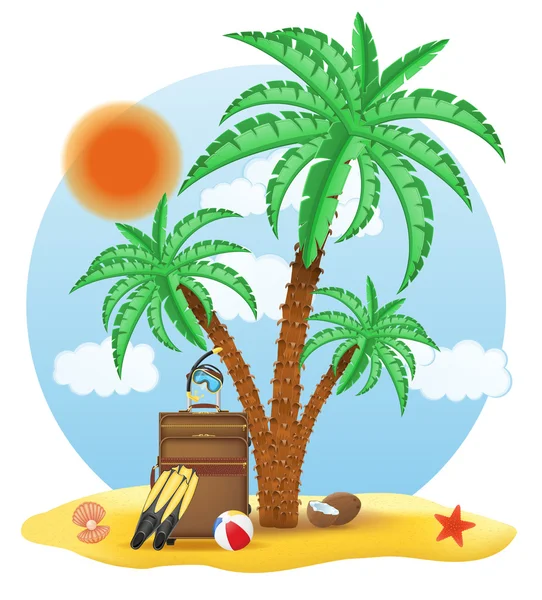 Koffer staande onder een palm tree vectorillustratie — Stockvector