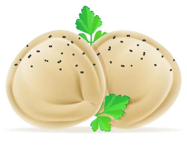 Albóndigas pelmeni de masa con un relleno y verde illu vector — Vector de stock