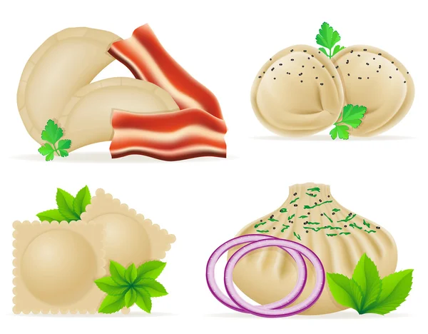 Dumplings of dough with a filling and greens set icons vector il — Stock Vector