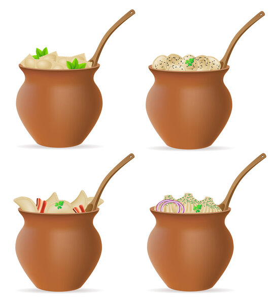 dumplings of dough with a filling and greens in clay pot set ico