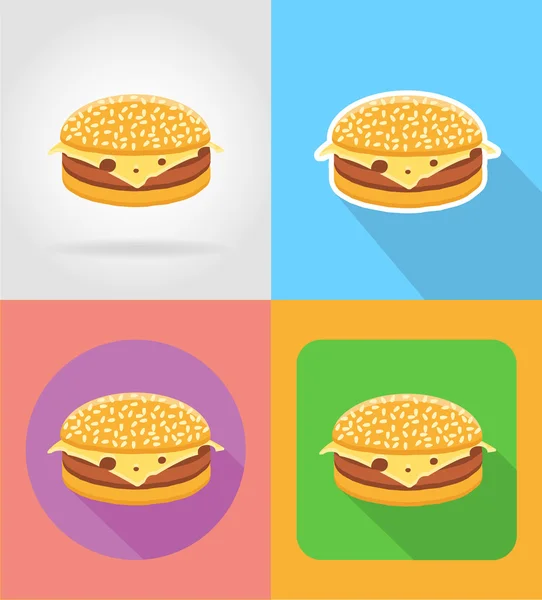 Επίπεδη εικονίδια Φάστ φούντ cheeseburger σάντουιτς με τη σκιά vecto — Διανυσματικό Αρχείο