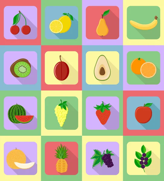 Frutas iconos de conjunto plano con la ilustración del vector de sombra — Archivo Imágenes Vectoriales