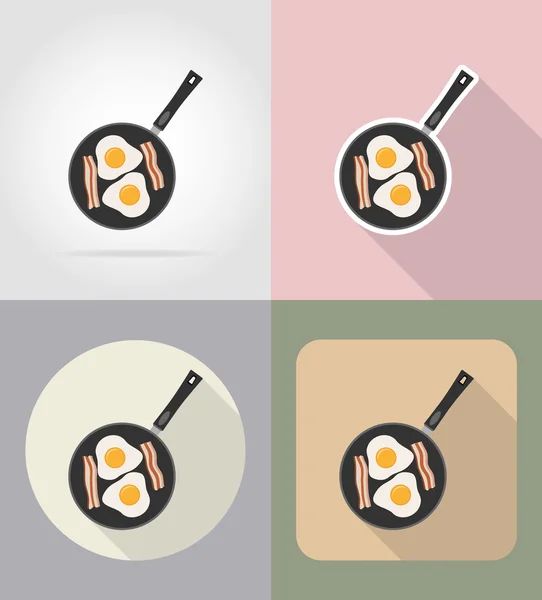 Яйца с беконом в сковороде пищи и объекты плоские иконки вектор — стоковый вектор