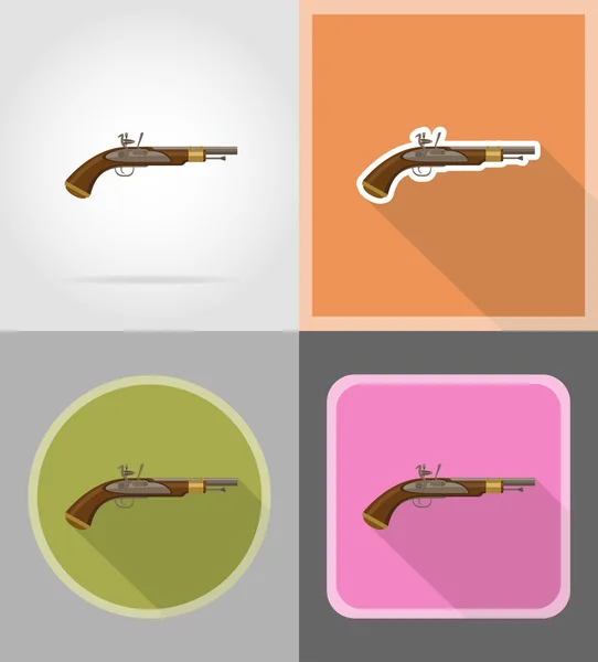 Old retro flintlock pistol flat icons vector illustration — Stock Vector