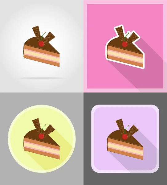 Pedazo de pastel de chocolate con cerezas iconos planos vector illustra — Vector de stock