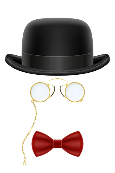 Black Retro Bowler Hat Glasses Bow Tie Vector Illustration Isolated — Stock Vector