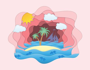 Yaz deniz manzarası gökyüzü ve plaj kağıdı sanat afişi vektör illüstrasyon arka planınızı sizin için kesti