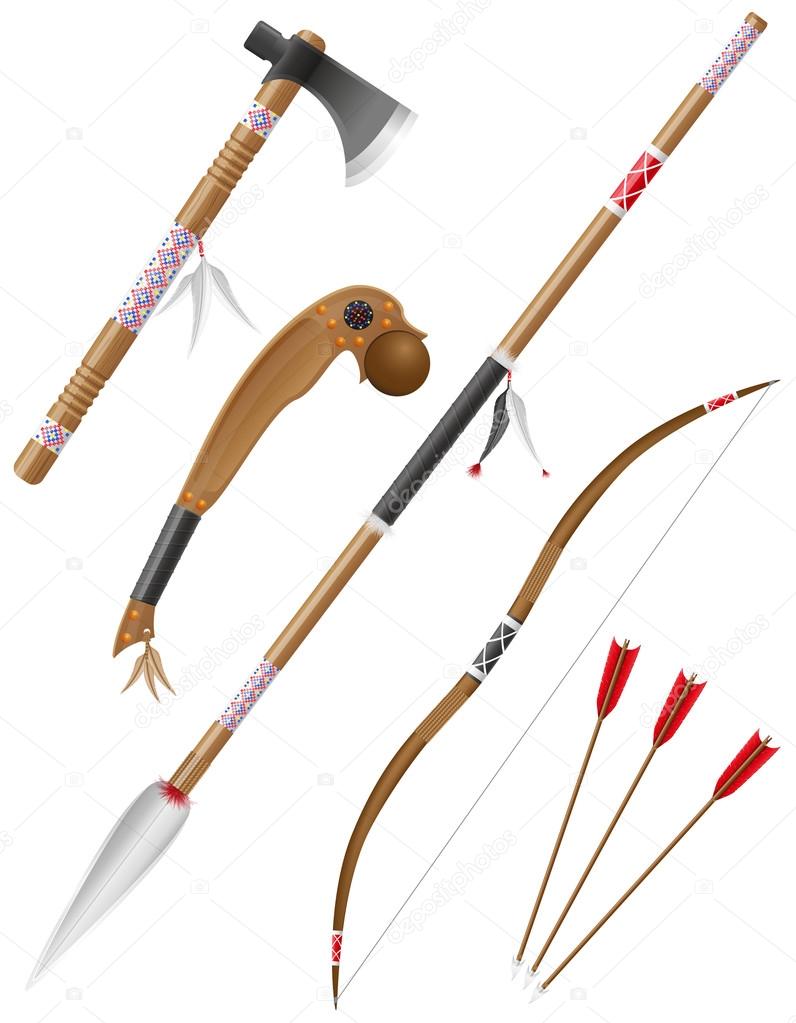 set icons edged weapons american indians vector illustration