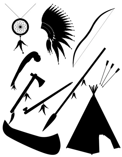 Negro silueta set iconos objetos american indians vector illus — Archivo Imágenes Vectoriales