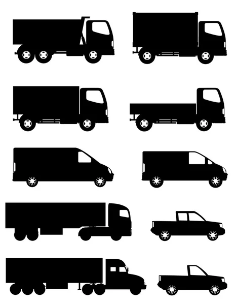 Conjunto de iconos de coches y camiones para el transporte de carga negro silho — Vector de stock