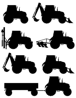 Traktörler siyah siluet vektör çizim Icons set