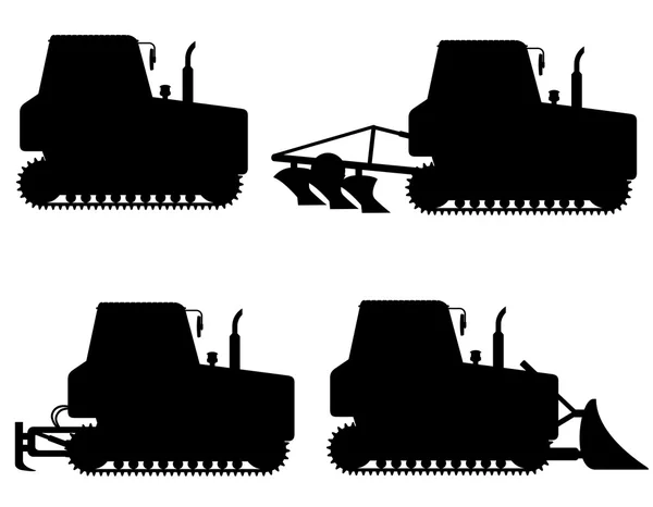 Set icônes tracteurs chenille silhouette noire vecteur illustration — Image vectorielle