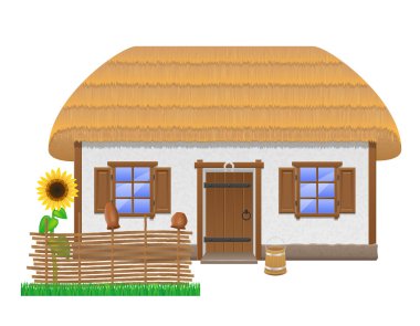 bir thatched çatı vektör çizim ile eski çiftlik evi