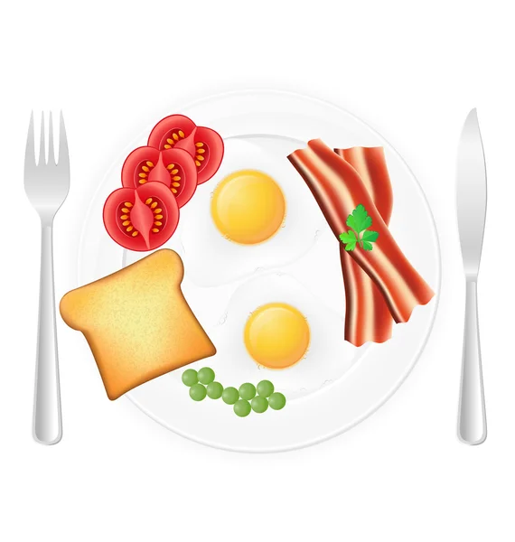 Huevos fritos con tocino tostado y verduras en un plato vector de enfermedad — Vector de stock